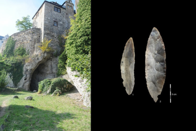 Αριστερά: Το σπήλαιο Ilsenhöhle κάτω από το κάστρο Ranis. Δεξιά: Πέτρινα εργαλεία από την LRJ στο Ranis