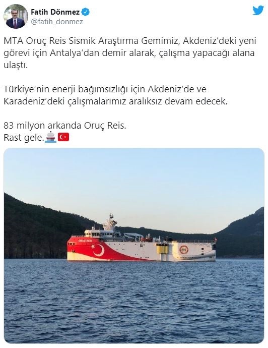 Ανάρτηση του Τούρκου υπουργού Ενέργειας για το Oruc Reis