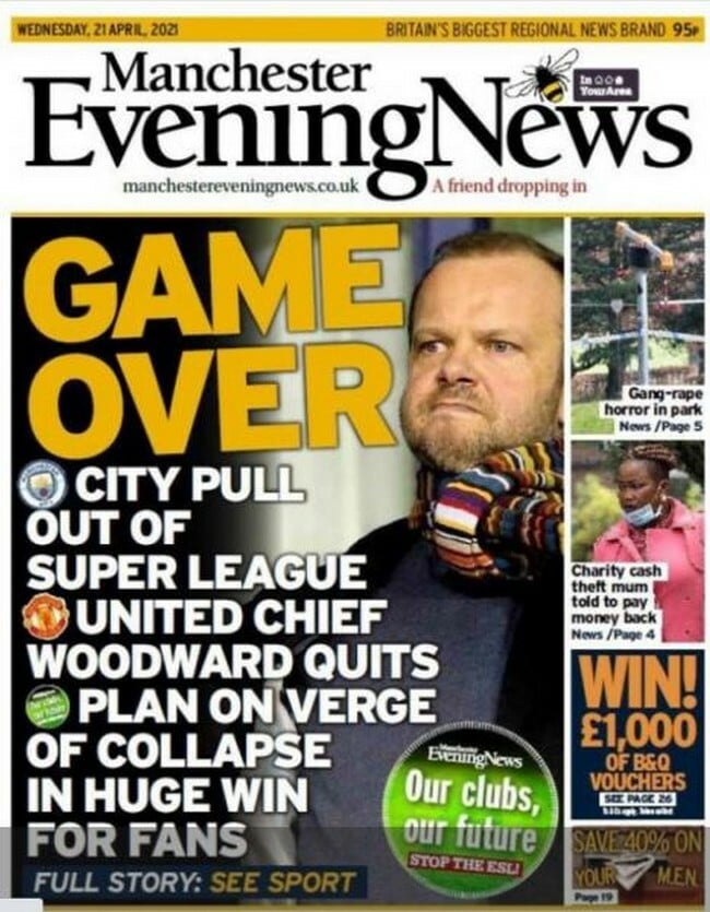 European Super League katarreusi typos Manchester Evening News
