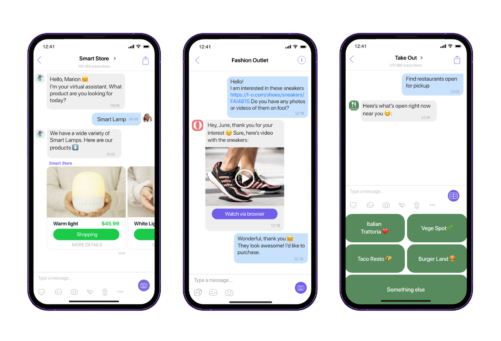 Examples of c commerce chatbots and business messages via the Viber app