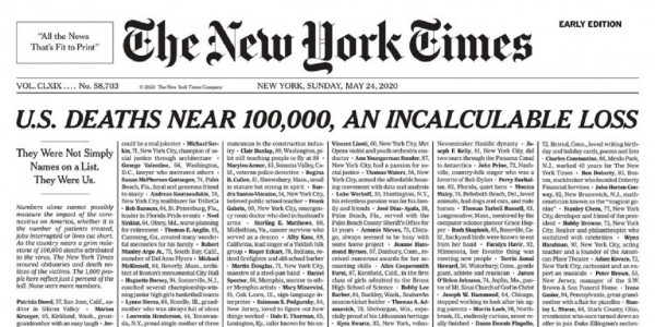 Το συγκλονιστικό πρωτοσέλιδο των New York Times για τους νεκρούς από τον κορονοϊό