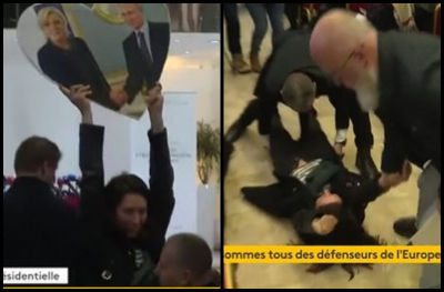 Aπίστευτες εικόνες σε προεκλογική εκδήλωση της Λεπέν: Έβγαλαν έξω σηκωτή διαδηλώτρια (βίντεο)