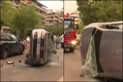 Σοβαρό τροχαίο στη Νέα Σμύρνη: Απίστευτες εικόνες από το όχημα που τούμπαρε (βίντεο)