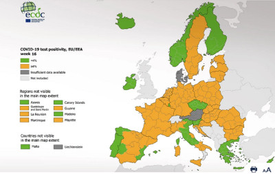Χάρτης ECDC: Στο «πράσινο» η Ελλάδα στον δείκτη θετικότητας για δεύτερη συνεχόμενη εβδομάδα